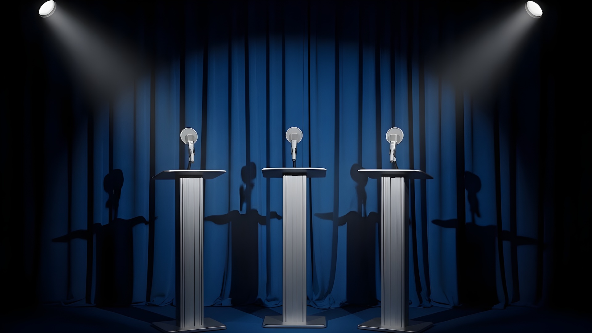 Empty debate stage with three podiums and microphones under dramatic spotlights