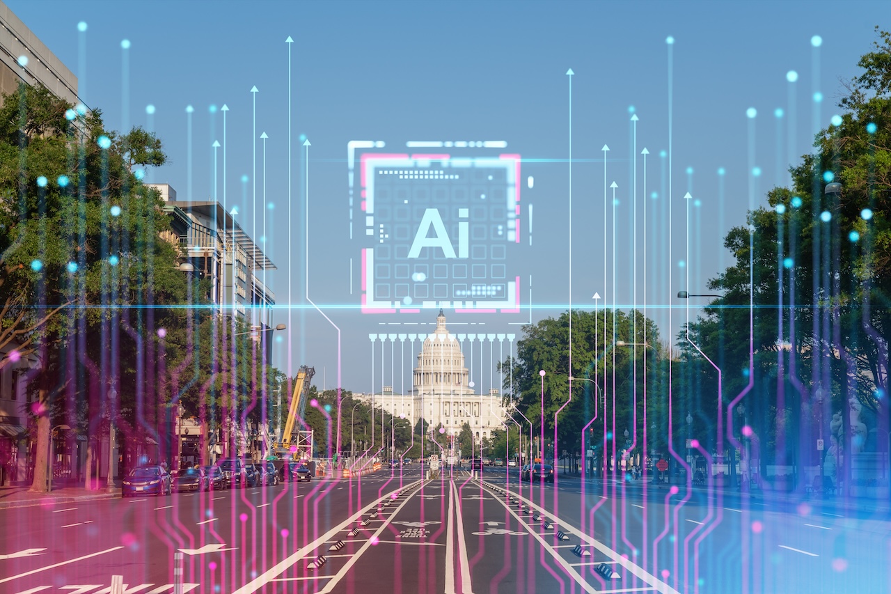 U. S. Capitol and Washington DC street cityscape with bright digital data interface overlay, symbolizing artificial intelligence technology concept