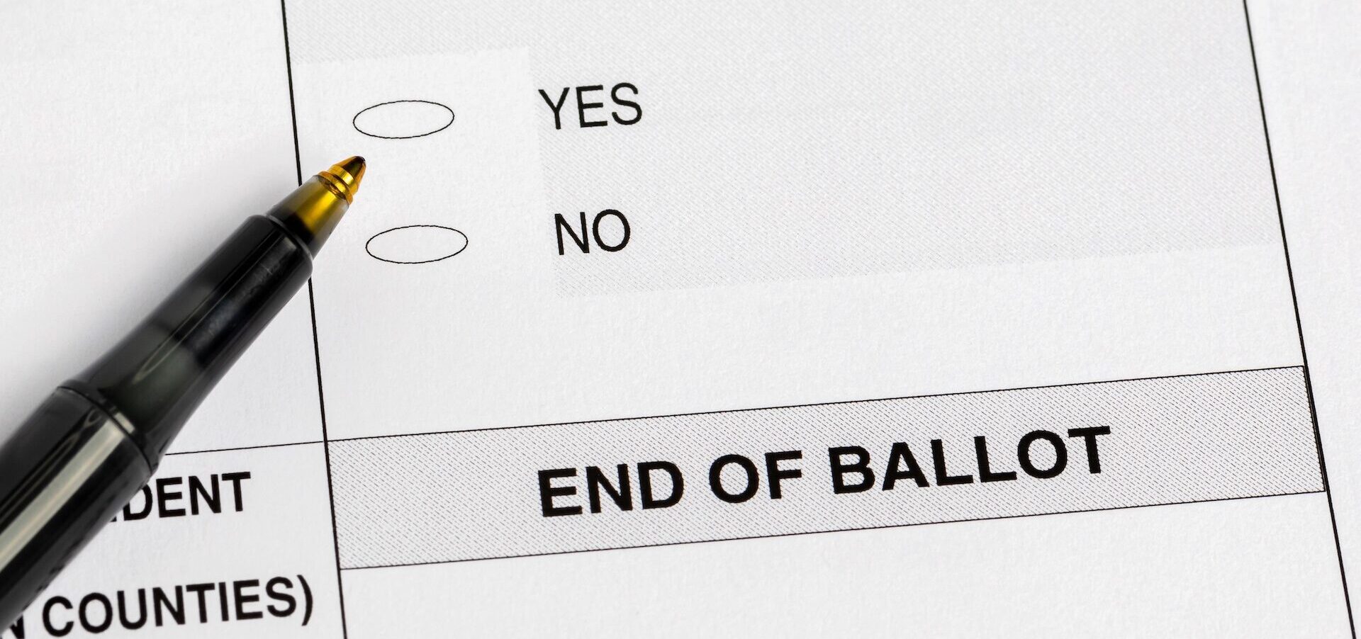 Ballot form with pen above "yes" circle